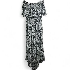 EE:SOME Off Shoulder Leopard Wide Leg Jumpsuit Women's Small Ruffle Smocked